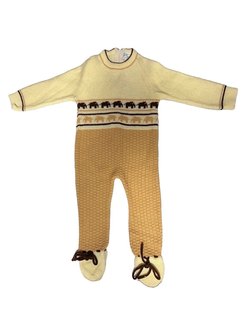 Vintage 1970's Baby Boy Romper Cable Knit Elephant Suit Br/ Beige Up To 12 mon.